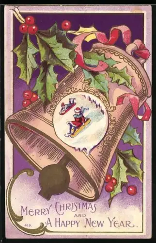 Präge-AK Kinder beim Schlittenfahren, Glocke und Stechpalmen, Merry Christmas and A Happy New Year
