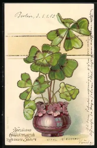 Lithographie Kleeblätter im Topf, Herzlichen Glückwunsch zum neuen Jahr