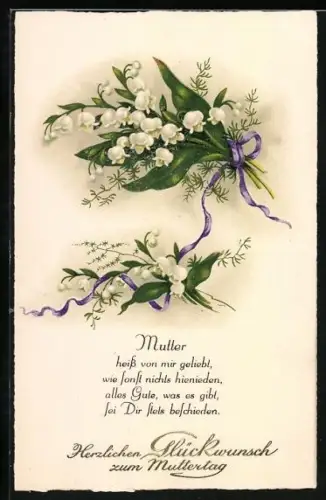 Künstler-AK Maiglöckchen mit lilaner Schleife, Gedicht zum Muttertag