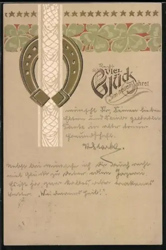 Präge-AK Hufeisen und Kleeblätter, Viel Glück im neuen Jahre