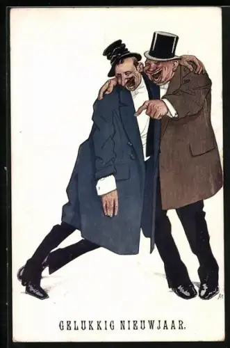 Künstler-AK Zwei betrunkene Männer lehnen aneinander, Gelukkig Nieuwjaar
