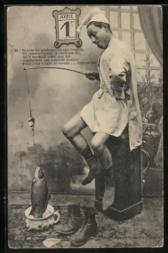 AK Mann angelt in einem Nachttopf und zieht einen Fisch heraus, 1. April, 1er Avril