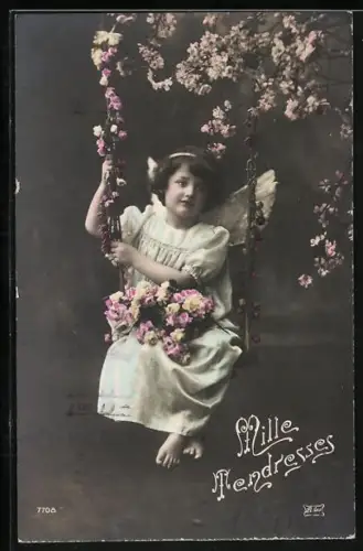 AK Engel sitzt auf einer Schaukel aus Blumen, Mille Tendresses