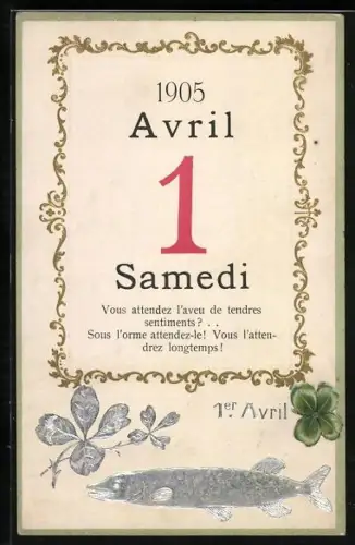 Präge-AK Avril 1 1905, Kleeblatt und Fisch
