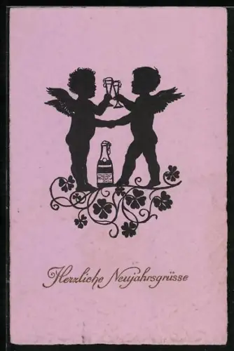 AK Zwei Neujahrsengel stossen mit Sekt an, Herzliche Neujahrsgrüsse
