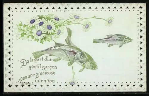 Künstler-AK Fische und Blumen, De la part d`un gentil garcon aveeune gracieuse intention, 1er Avril