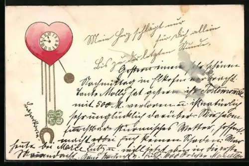 AK Herz-Uhr mit Hufeisen und Kleeblatt, Mein Herz schlägt nur für dich allein