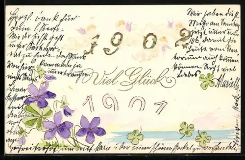 Präge-AK Jahreszahl 1901 versinkt, Engel bringen Jahreszahl 1902