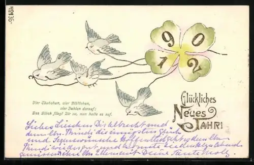 Präge-AK Vögel ziehen Kleeblatt mit Jahreszahl 1902, Glückliches Neues Jahr