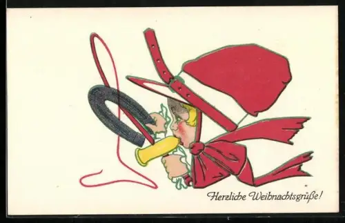 Künstler-AK Mädchen mit Hufeisen und Peitsche, Herzliche Weihnachtsgrüsse
