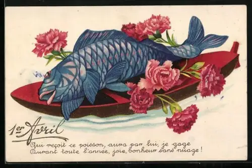 AK Fisch mit Blumen auf einem Boot, 1er Avril