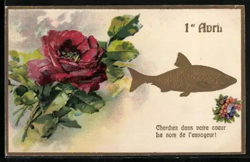 Präge-AK Rote Rose in voller Blüte mit goldenen Fisch
