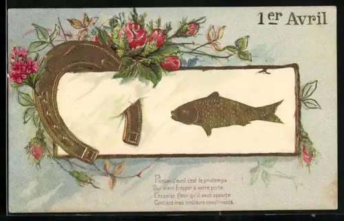 Präge-AK Goldenes Hufeisen und goldener Fisch zum 1. April