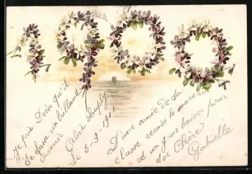 Lithographie Jahreszahl 1900 aus Blumen