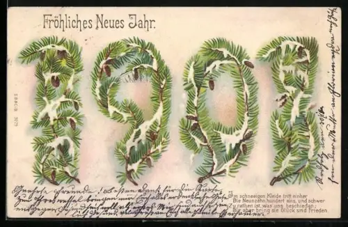 Lithographie Jahreszahl aus Tannenzweigen 1901, Fröhliches Neues Jahr