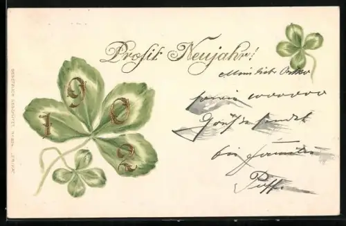 Lithographie Jahreszahl 1902 auf einem Kleeblatt, Prosit Neujahr
