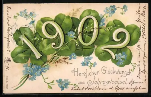 Lithographie Glückwunsch zum Jahreswechsel 1902, Jahreszahl und Kleeblätter