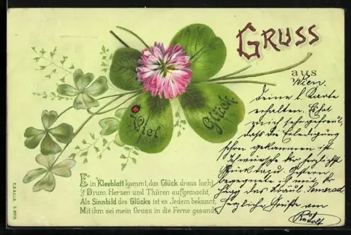 Lithographie Kleeblatt als Glücksgruss und Gedicht