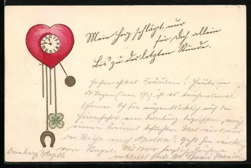 AK Herz-Uhr mit Kleeblatt und Hufeisen, Mein Herz schlägt nur für dich allein...