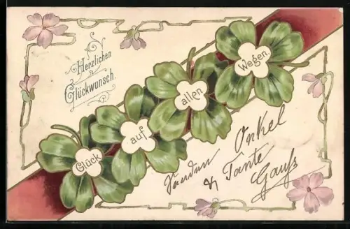 Lithographie Glückwunsch auf Kleeblättern
