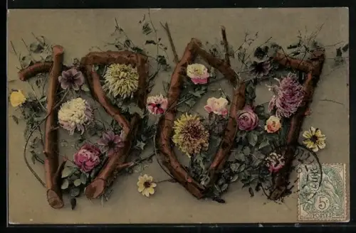AK Jahreszahl 1901 aus Stöckchen mit Blumen