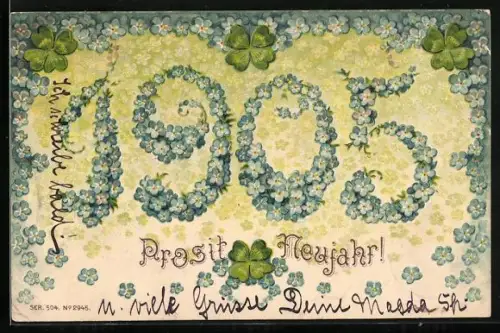 Lithographie Blaue Blumen bilden die Jahreszahl 1905, Prosit Neujahr
