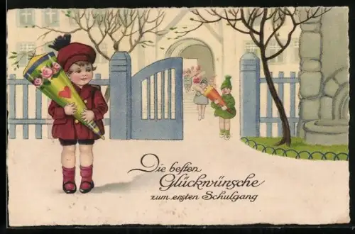 Künstler-AK Kinder mit Schultüten, Die besten Glückwünsche zum ersten Schulgang