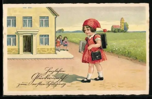 Künstler-AK Mädchen auf dem Weg zur Schule, Glückwunsch zum Schulanfang
