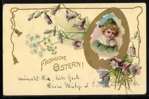 Präge-AK Porträt eines Kindes im von Blumen umgebenen aufgebrochenen Ei, Fröhliche Ostern