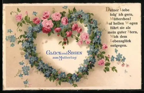 Künstler-AK Herz aus Blumen zum Muttertag, Gedicht