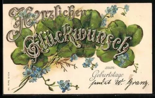 AK Herzlichen Glückwunsch zum Geburtstage, Schriftzug auf Kleeblättern