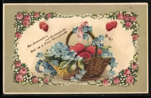 Präge-AK Herzen und Blümchen in einem Korb