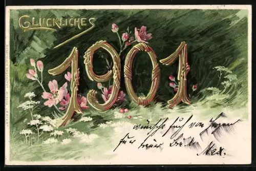 Lithographie Jahreszahl 1901 auf einer Blumenwiese