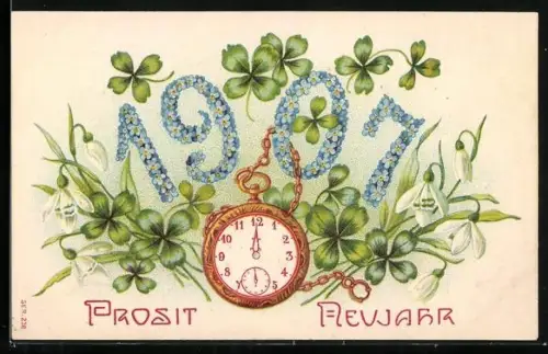 Präge-AK Jahreszahl 1907 aus Vergissmeinnicht mit Klee und Taschenuhr, Prosit Neujahr