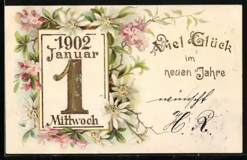 Präge-AK Jahreszahl 1902 auf Kalenderblatt erster Januar, Neujahrsgruss