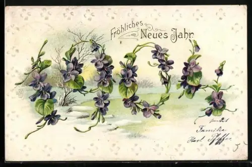 Präge-AK Jahreszahl 1905 aus Veilchen, Idyllische Schneelandschaft im Hintergrund, Neujahr