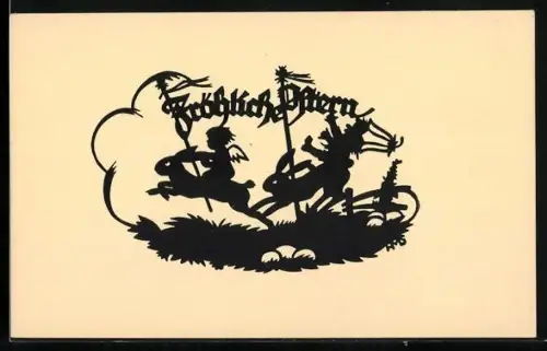 Künstler-AK Osterengel reiten auf Osterhasen durch die Landschaft