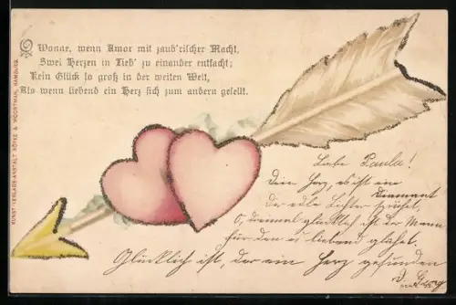 Lithographie Zwei Herzen wurden von Amors Pfeil getroffen, Gedicht