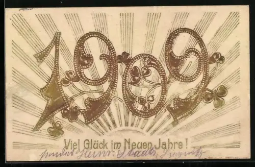 Präge-AK Goldene Jahreszahl 1909 vor strahlendem Sonnenaufgang, Viel Glück im Neuen Jahre
