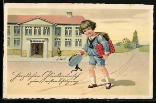 Künstler-AK Schulkind in Matrosenanzug auf dem Weg zur Schule
