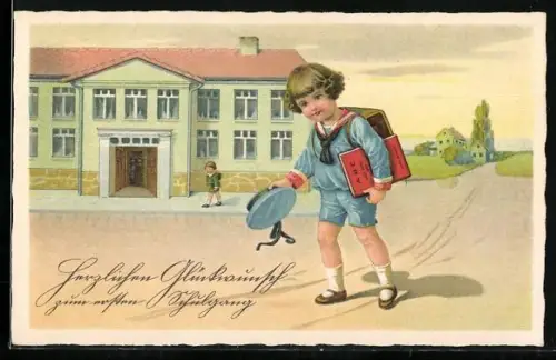 Künstler-AK Kind in Matrosenkleidung auf dem Weg zur Schule
