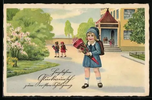 Künstler-AK Mädchen mit einer Schultüte vor der Schule, Schulanfang
