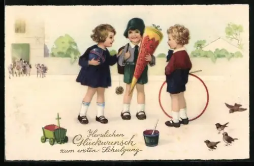 Künstler-AK Erster Schulgang, Kinder mit Ball, Schultüte und Spielreifen
