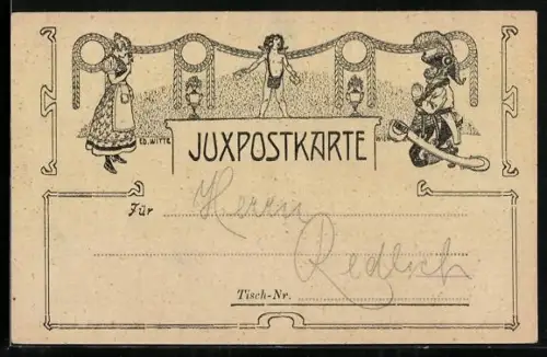 Künstler-AK Amor steht mit einem Liebesbrief zwischen einem Paar