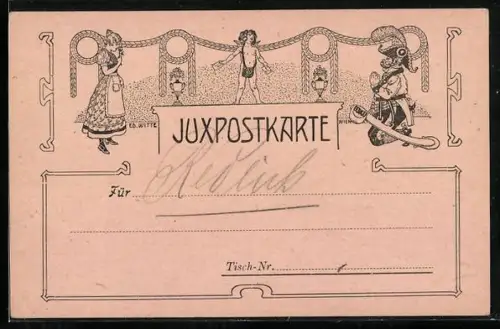 Künstler-AK Amor steht zwischen einem Paar mit Liebesbriefen in den Händen