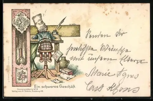 Künstler-AK Zwerg sitzt an seinem Schreibtisch