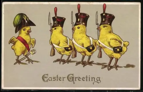 AK Osterküken als bewaffnete Soldaten, Easter Greeting