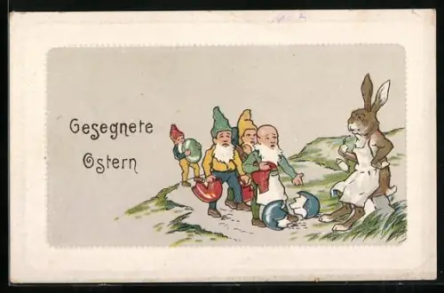 AK Zwerge und Osterhase mit zerbrochenem Osterei