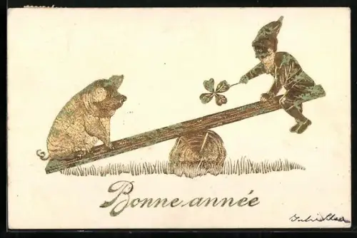 Präge-AK Zwerge und Glücksschwein auf einer Wippe