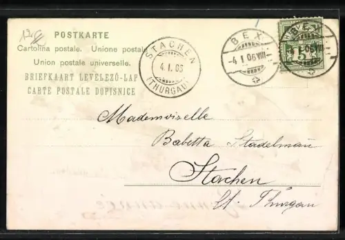 Präge-AK Zwerge und Glücksschwein auf einer Wippe